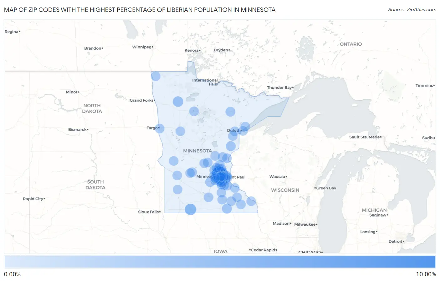 Zip Codes with the Highest Percentage of Liberian Population in Minnesota Map