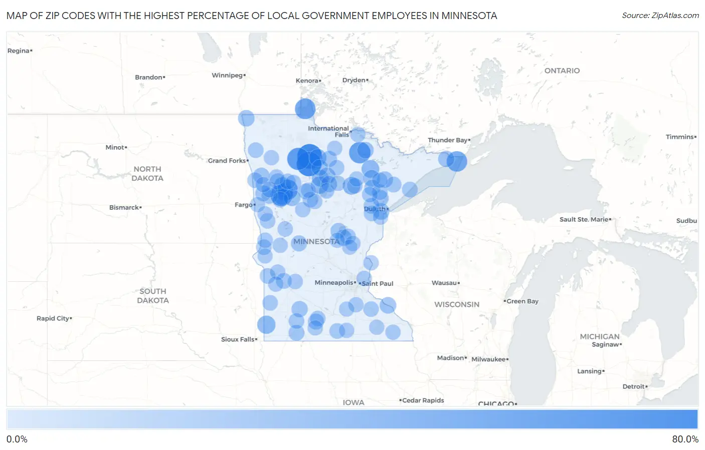 Zip Codes with the Highest Percentage of Local Government Employees in Minnesota Map