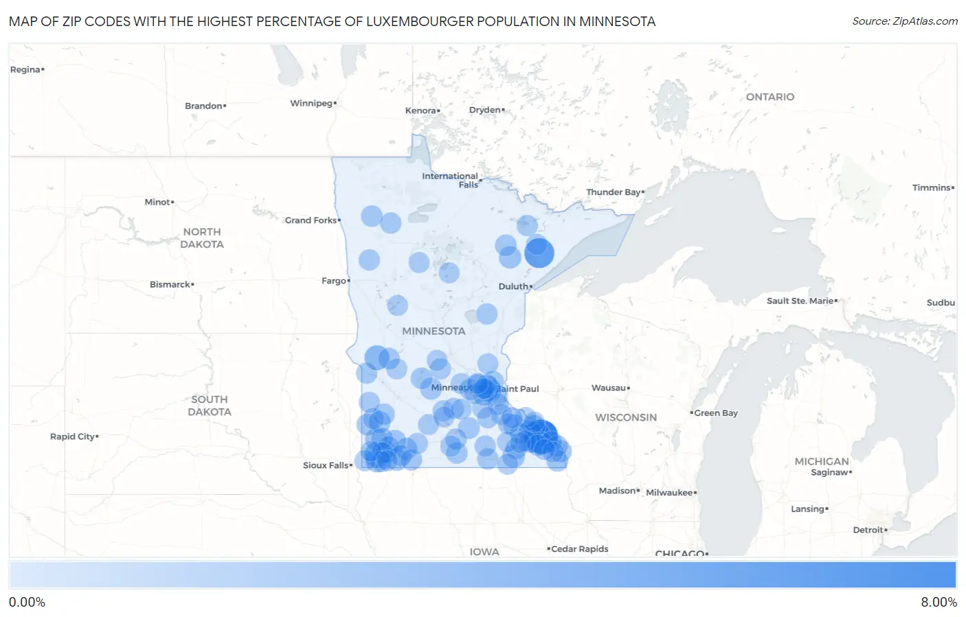Zip Codes with the Highest Percentage of Luxembourger Population in Minnesota Map