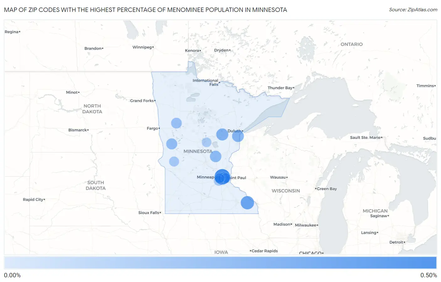 Zip Codes with the Highest Percentage of Menominee Population in Minnesota Map