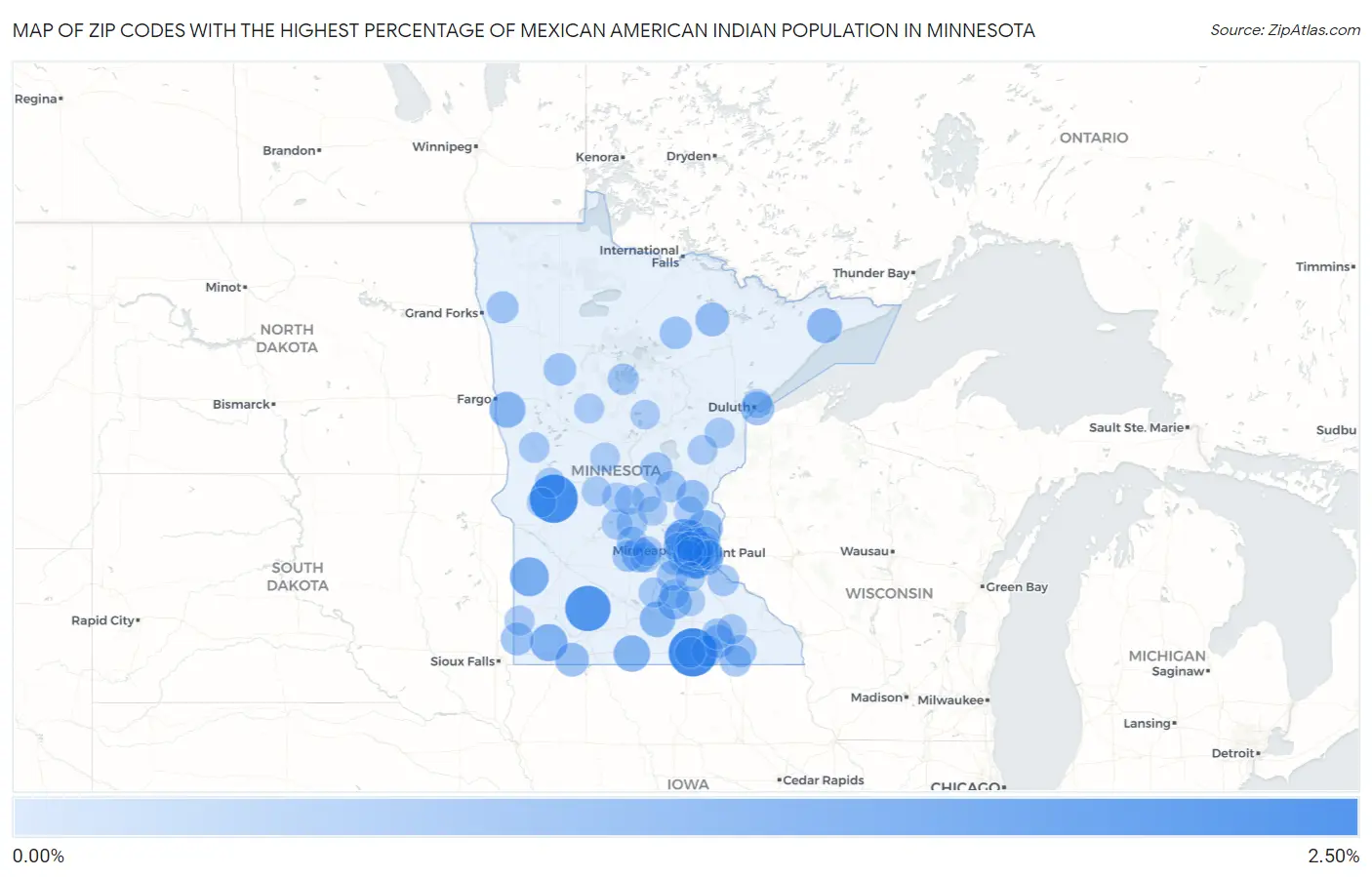 Zip Codes with the Highest Percentage of Mexican American Indian Population in Minnesota Map