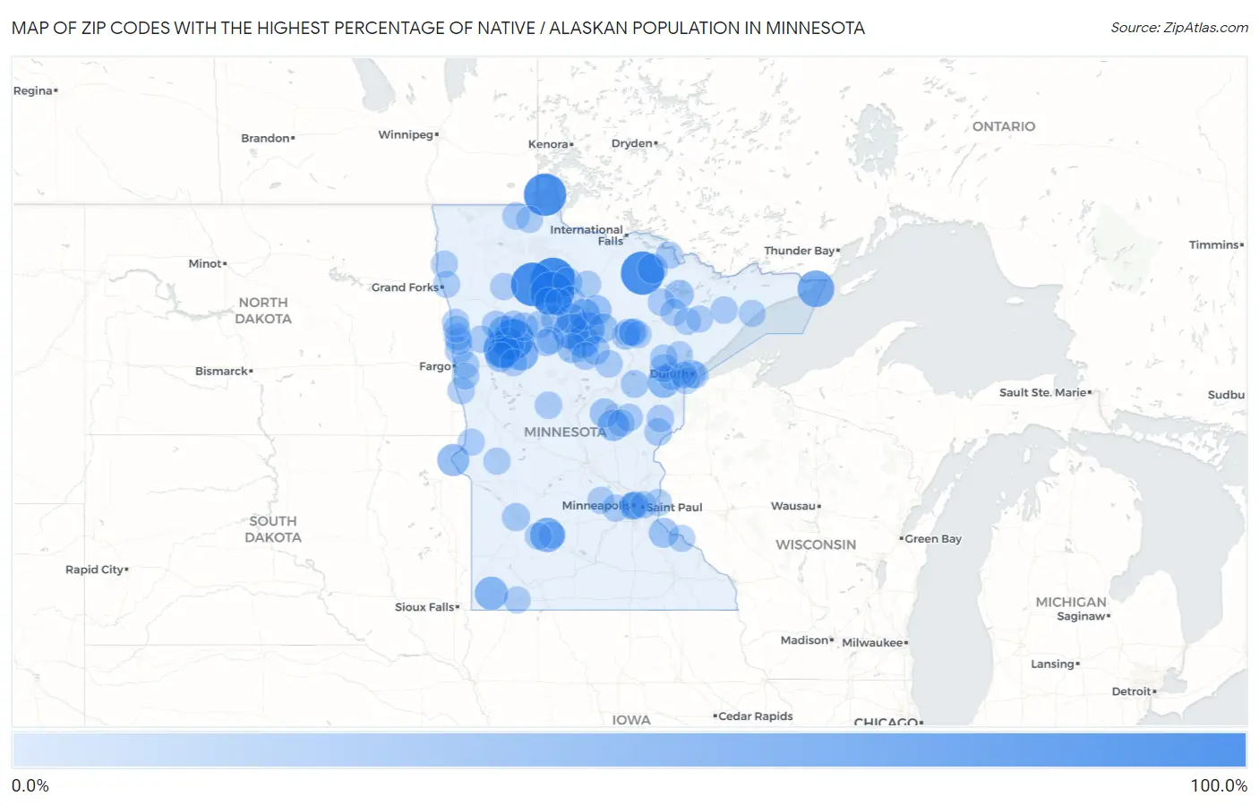 Zip Codes with the Highest Percentage of Native / Alaskan Population in Minnesota Map