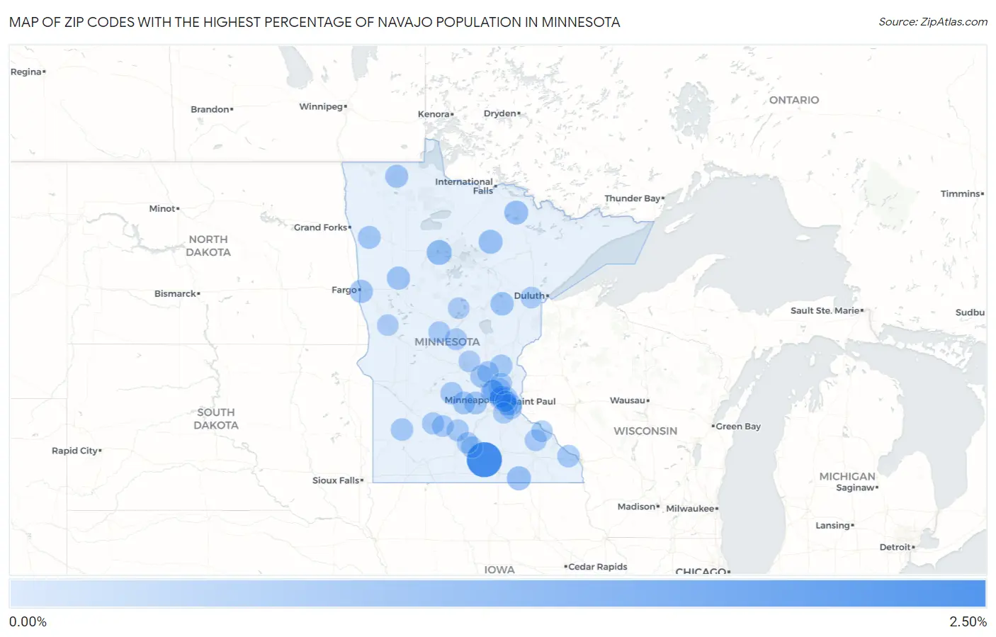 Zip Codes with the Highest Percentage of Navajo Population in Minnesota Map
