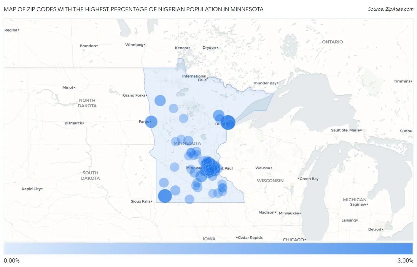 Zip Codes with the Highest Percentage of Nigerian Population in Minnesota Map