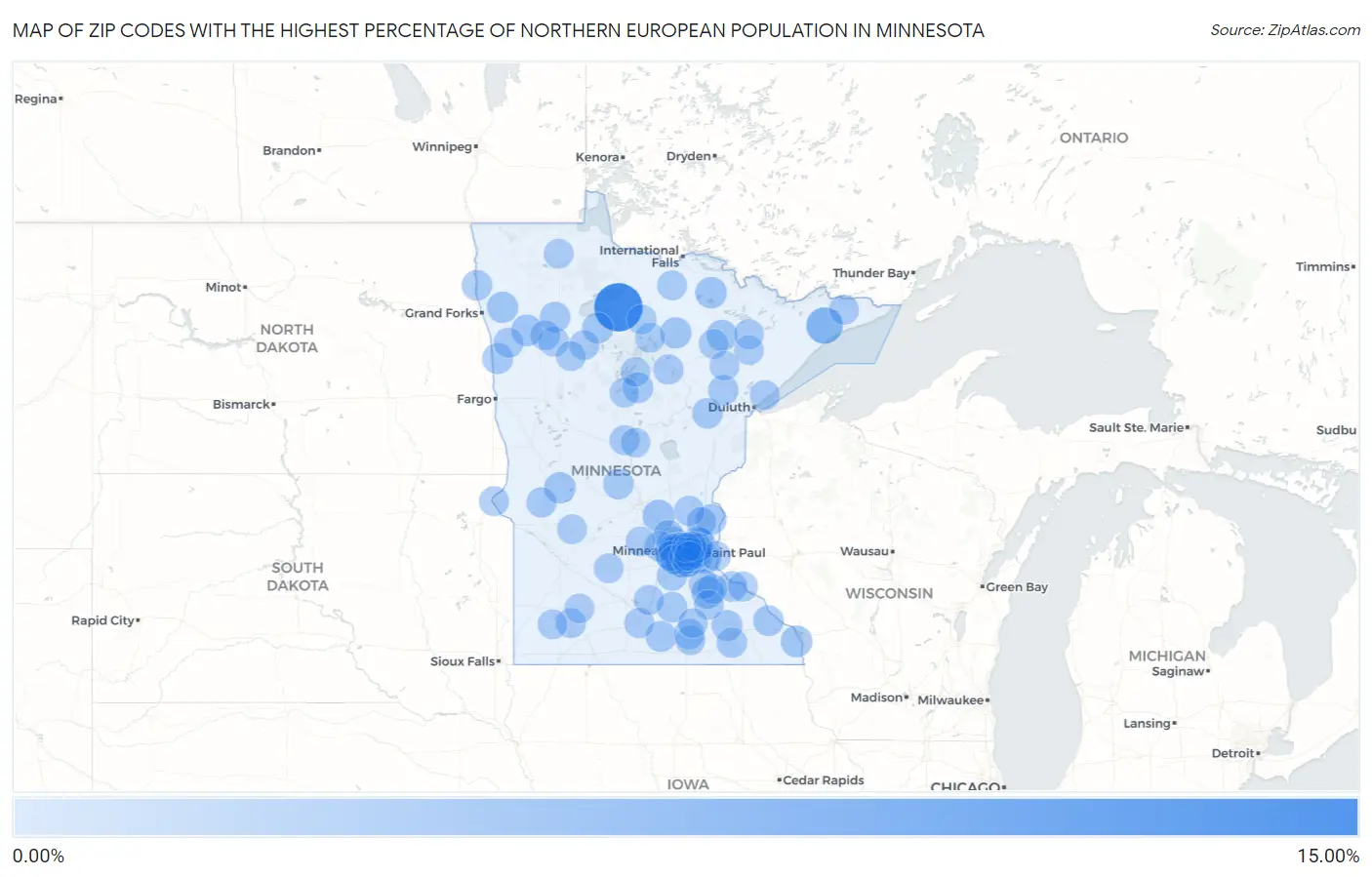 Zip Codes with the Highest Percentage of Northern European Population in Minnesota Map