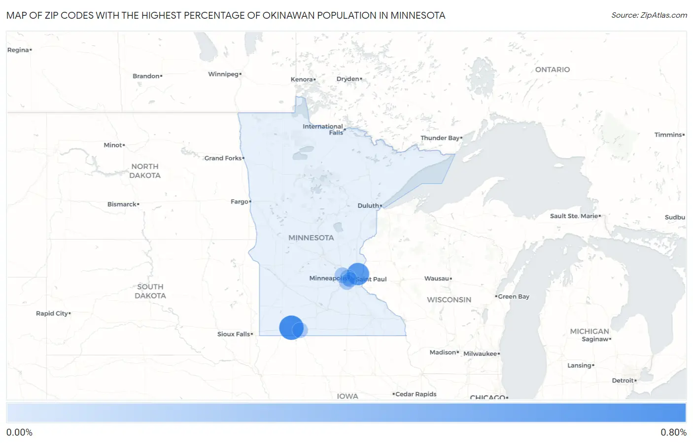 Zip Codes with the Highest Percentage of Okinawan Population in Minnesota Map