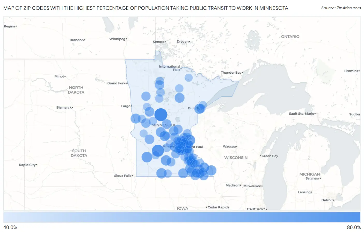 Zip Codes with the Highest Percentage of Population Taking Public Transit to Work in Minnesota Map