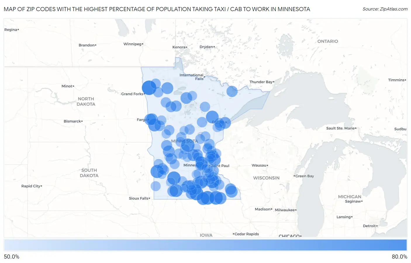 Zip Codes with the Highest Percentage of Population Taking Taxi / Cab to Work in Minnesota Map