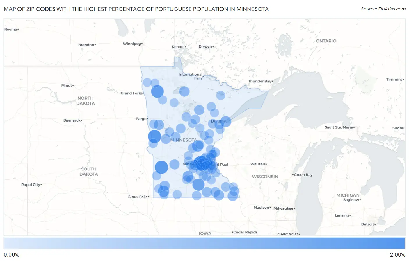 Zip Codes with the Highest Percentage of Portuguese Population in Minnesota Map