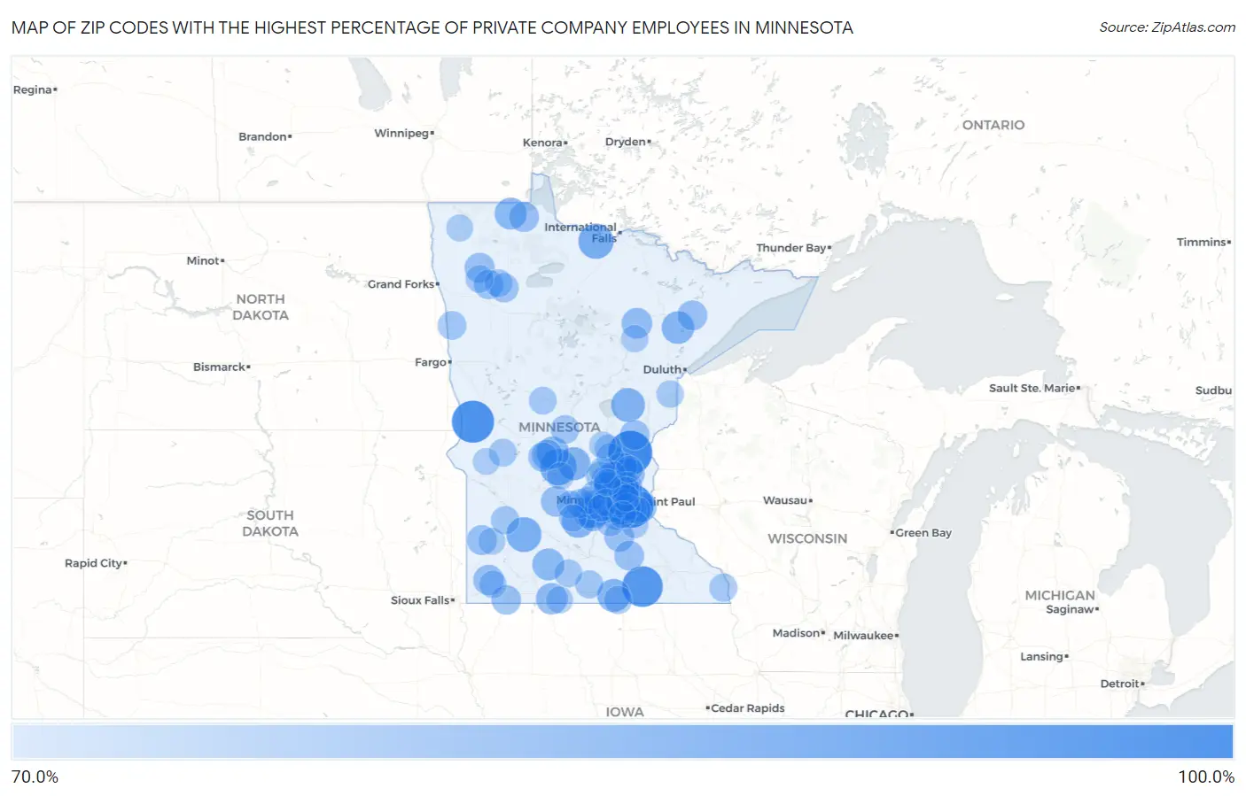 Zip Codes with the Highest Percentage of Private Company Employees in Minnesota Map
