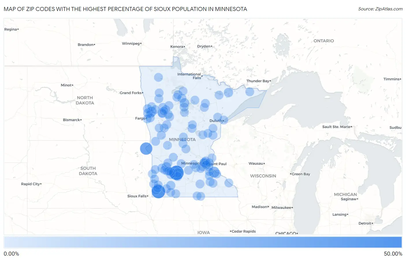 Zip Codes with the Highest Percentage of Sioux Population in Minnesota Map
