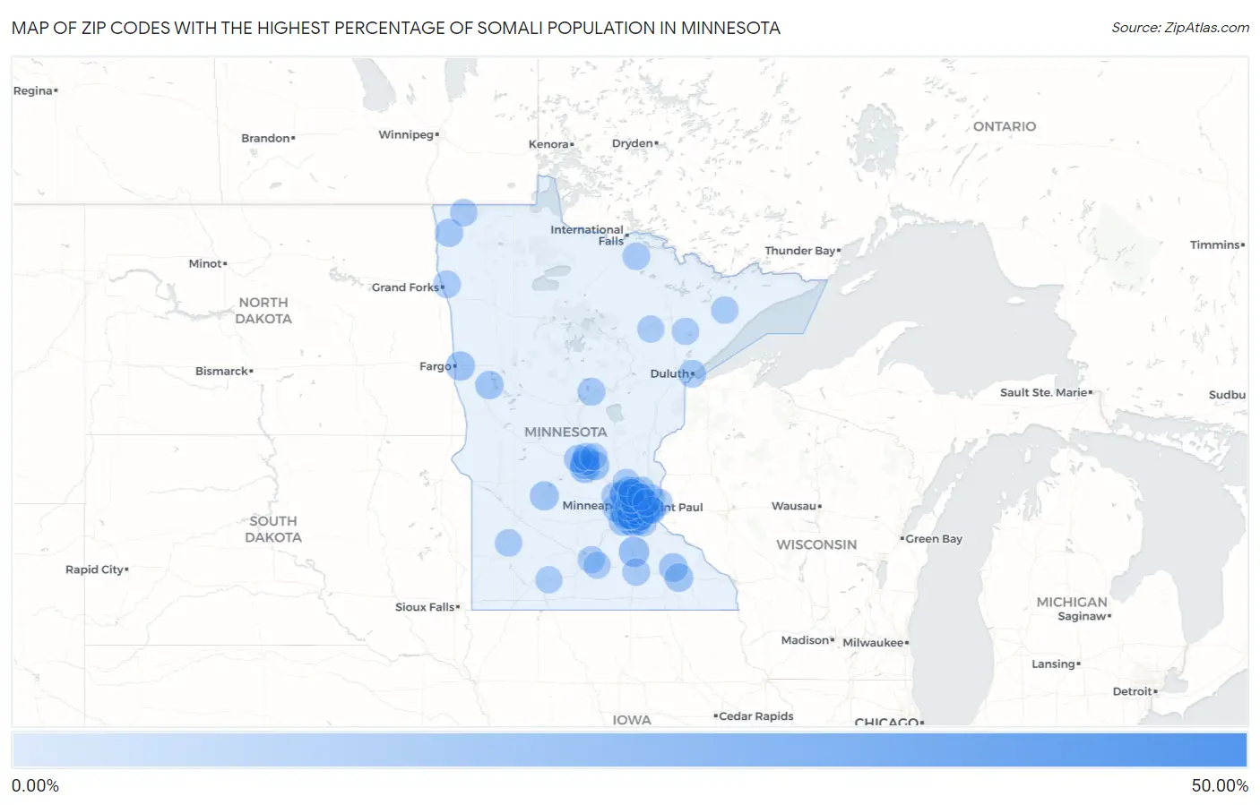 Zip Codes with the Highest Percentage of Somali Population in Minnesota Map