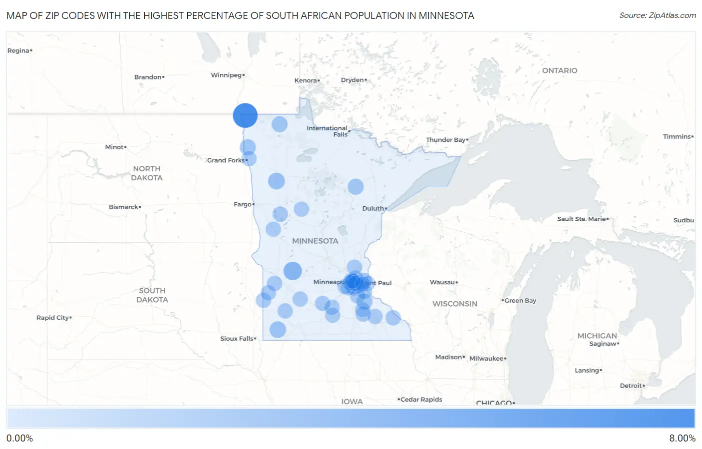Zip Codes with the Highest Percentage of South African Population in Minnesota Map