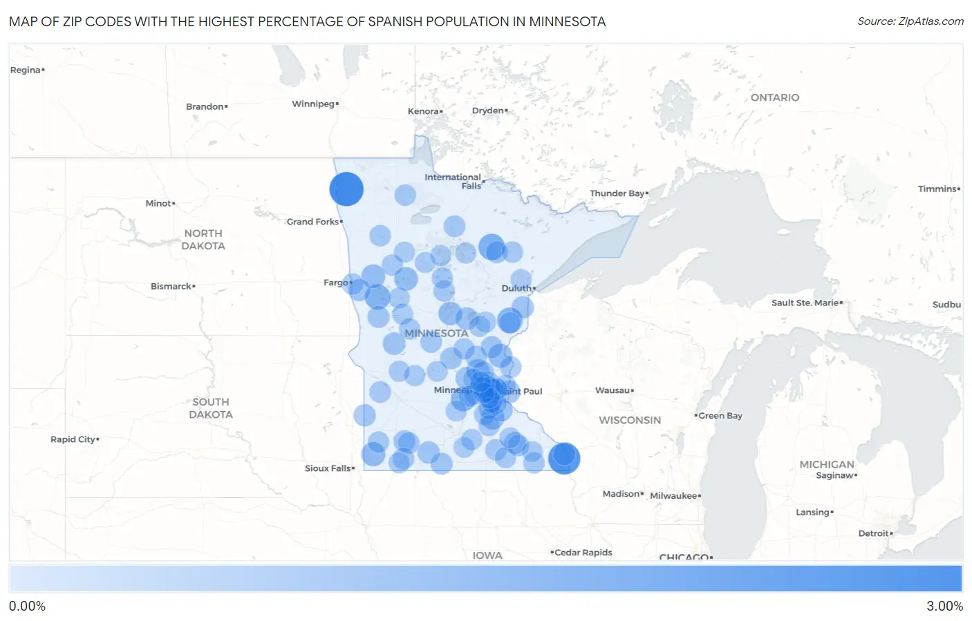 Zip Codes with the Highest Percentage of Spanish Population in Minnesota Map