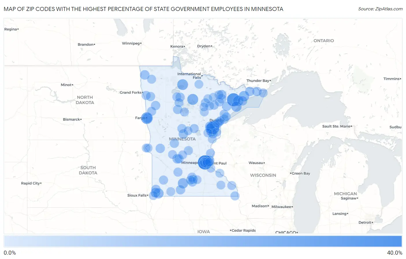 Zip Codes with the Highest Percentage of State Government Employees in Minnesota Map
