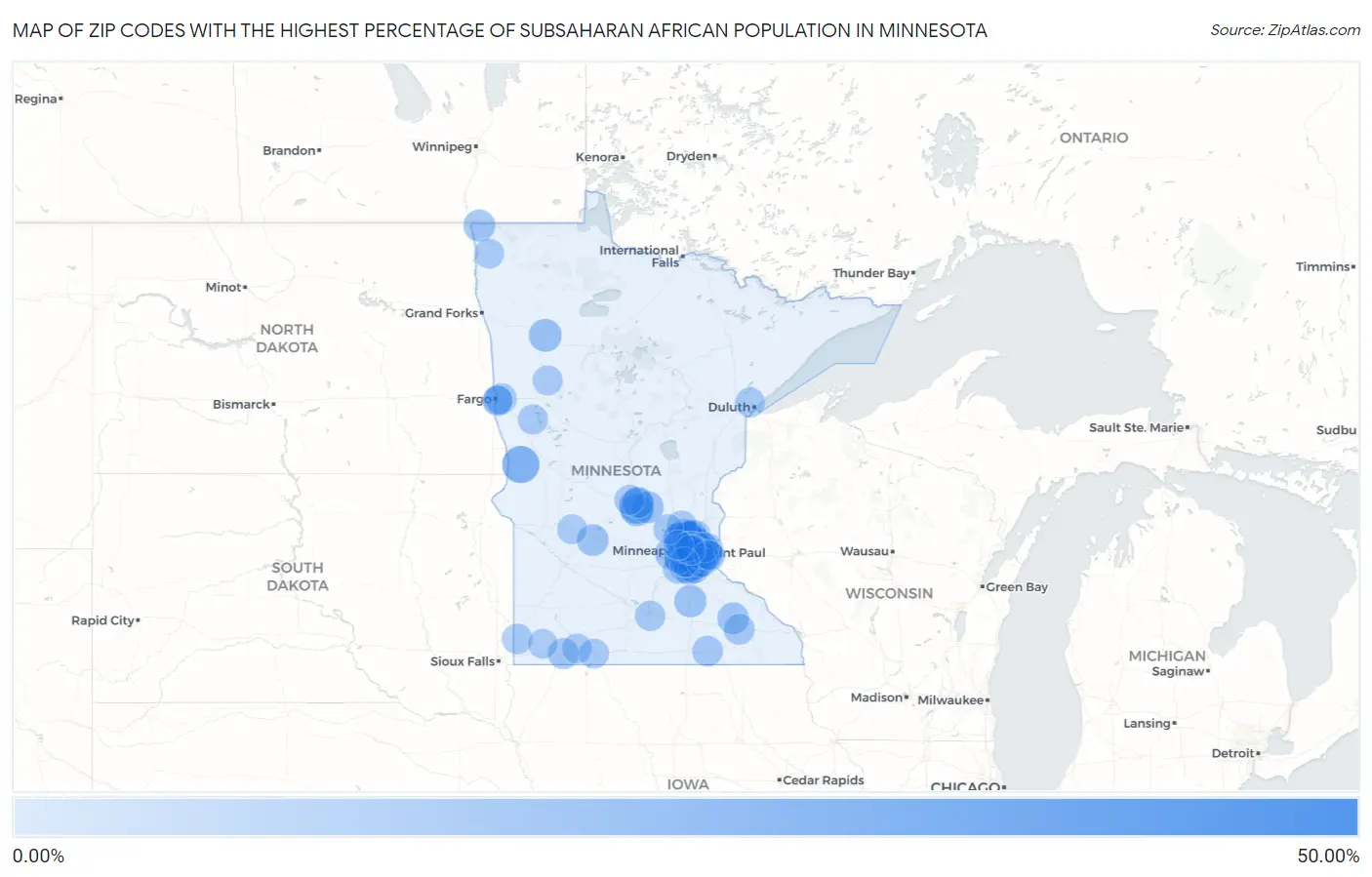 Zip Codes with the Highest Percentage of Subsaharan African Population in Minnesota Map