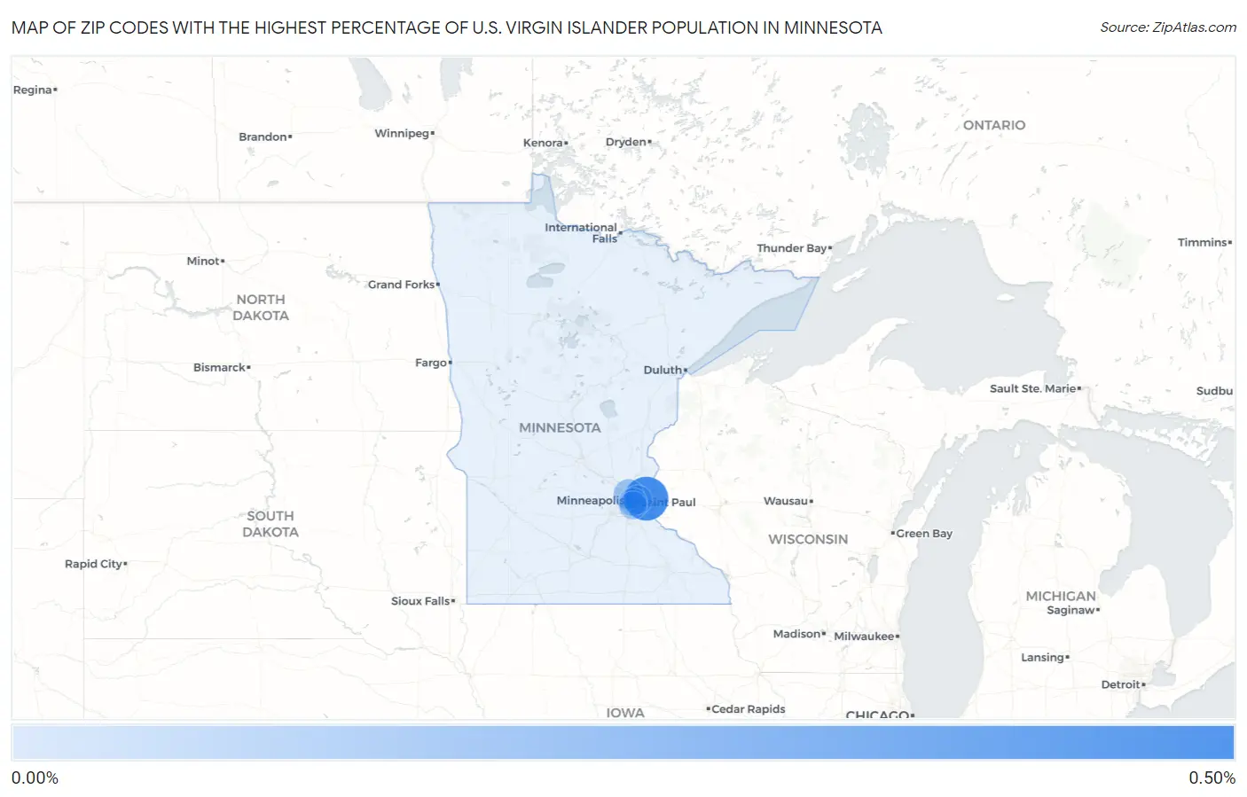 Zip Codes with the Highest Percentage of U.S. Virgin Islander Population in Minnesota Map
