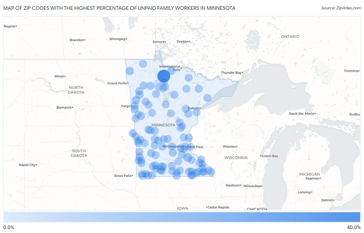 Zip Codes with the Highest Percentage of Unpaid Family Workers in Minnesota Map