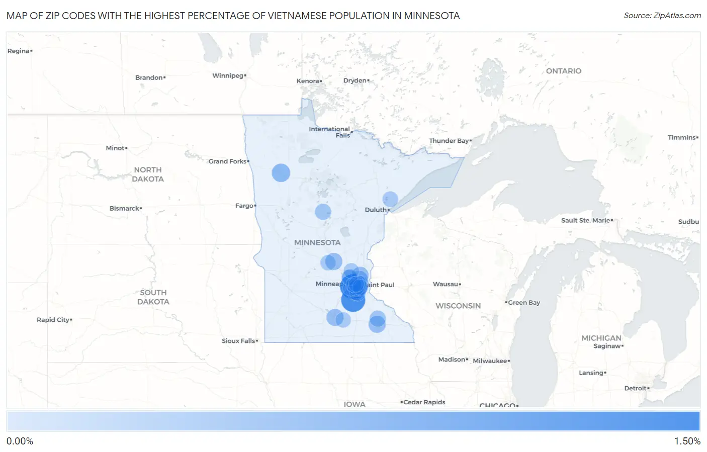 Zip Codes with the Highest Percentage of Vietnamese Population in Minnesota Map