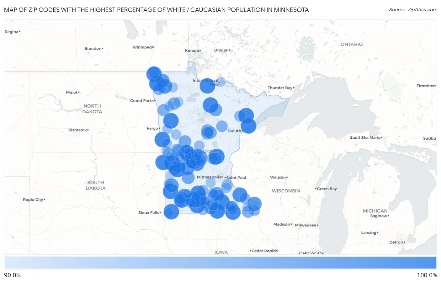 Zip Codes with the Highest Percentage of White / Caucasian Population in Minnesota Map