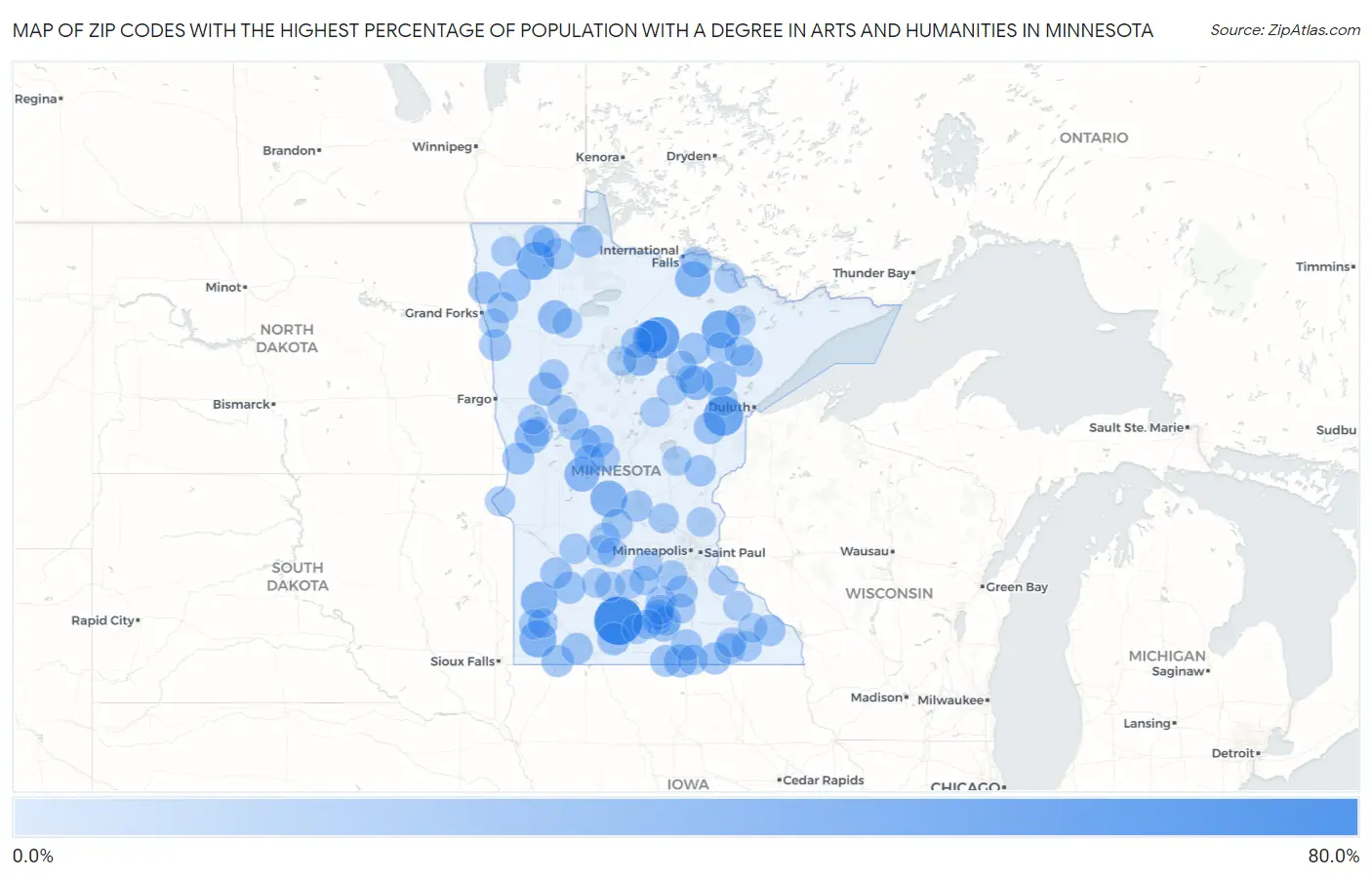 Zip Codes with the Highest Percentage of Population with a Degree in Arts and Humanities in Minnesota Map