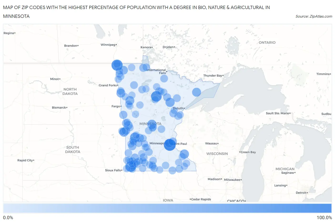 Zip Codes with the Highest Percentage of Population with a Degree in Bio, Nature & Agricultural in Minnesota Map