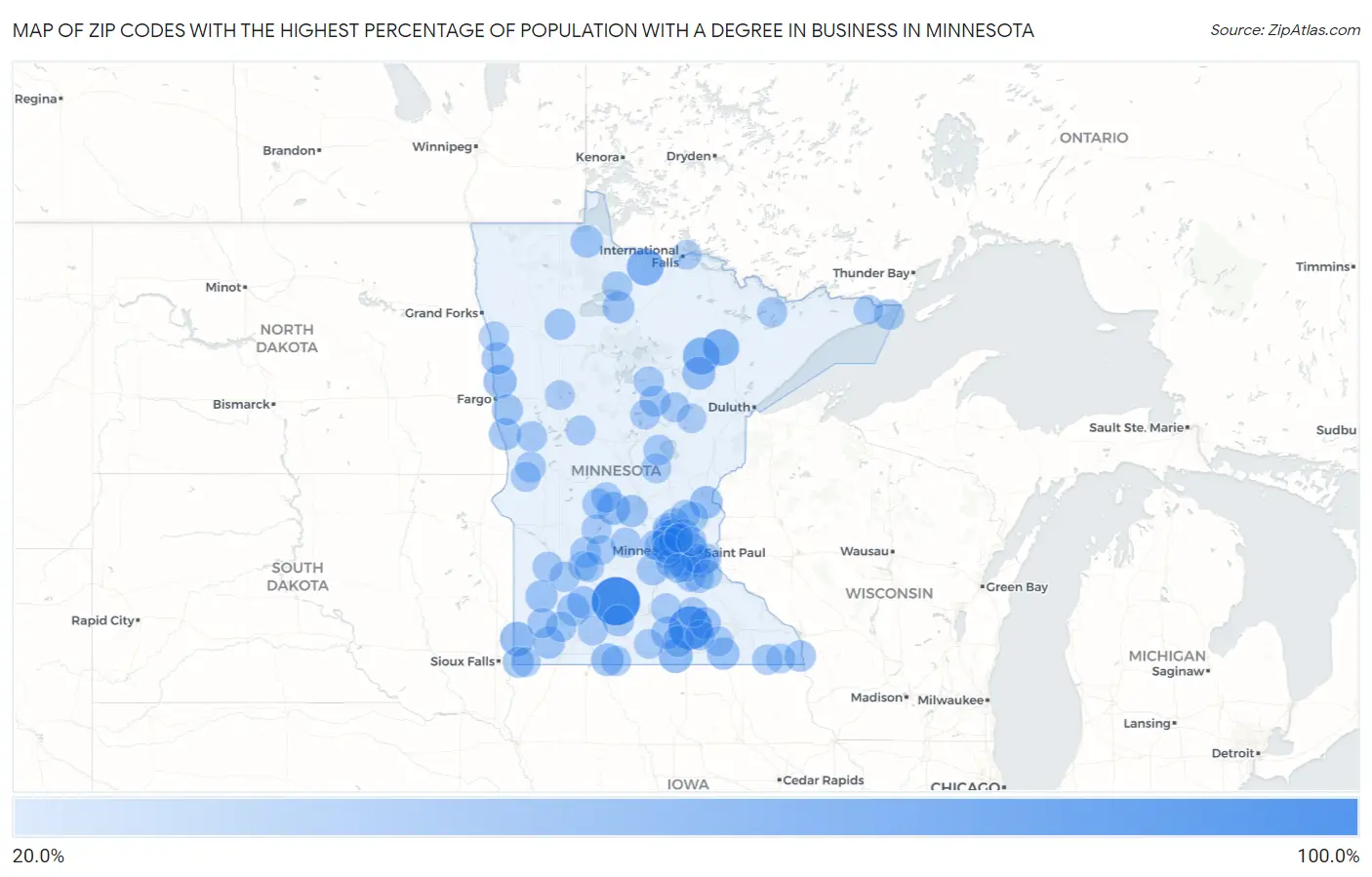 Zip Codes with the Highest Percentage of Population with a Degree in Business in Minnesota Map