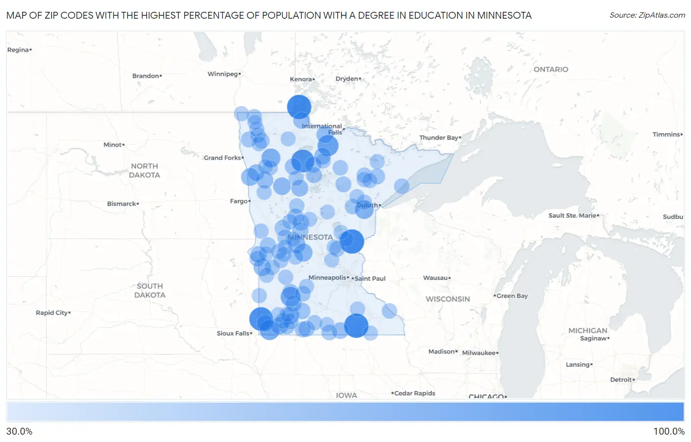 Zip Codes with the Highest Percentage of Population with a Degree in Education in Minnesota Map
