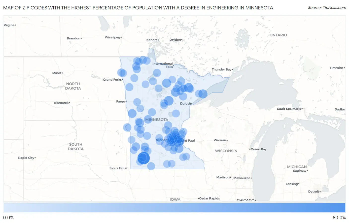 Zip Codes with the Highest Percentage of Population with a Degree in Engineering in Minnesota Map