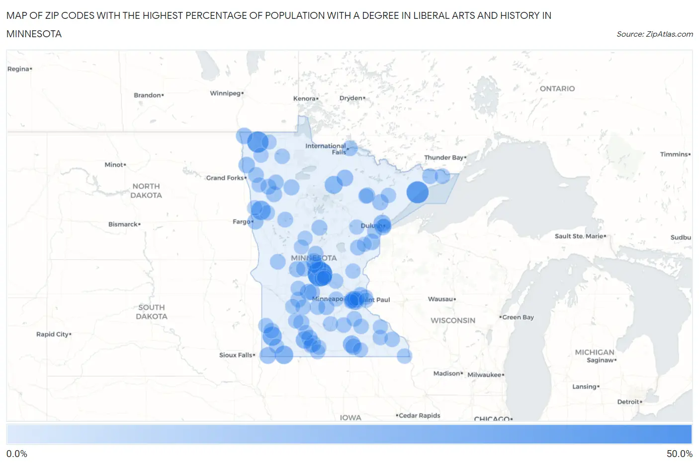Zip Codes with the Highest Percentage of Population with a Degree in Liberal Arts and History in Minnesota Map