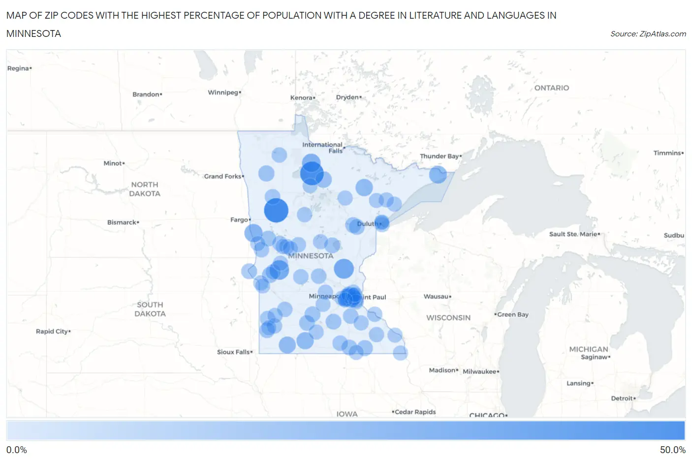 Zip Codes with the Highest Percentage of Population with a Degree in Literature and Languages in Minnesota Map