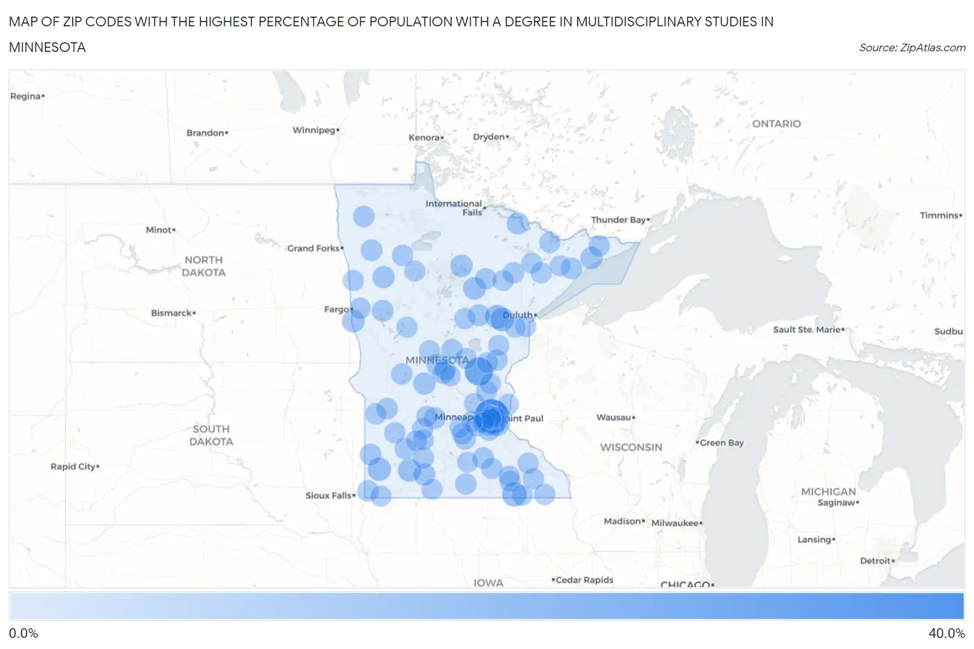 Zip Codes with the Highest Percentage of Population with a Degree in Multidisciplinary Studies in Minnesota Map