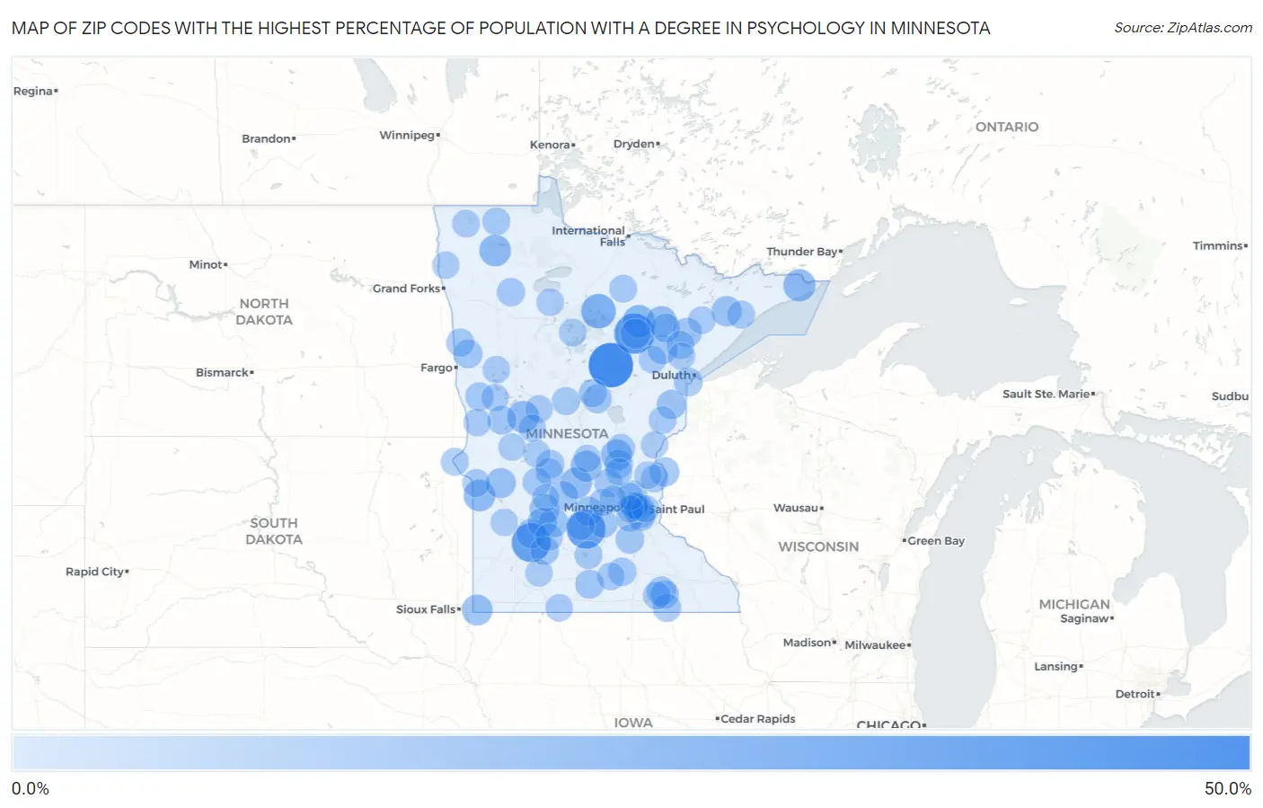 Zip Codes with the Highest Percentage of Population with a Degree in Psychology in Minnesota Map