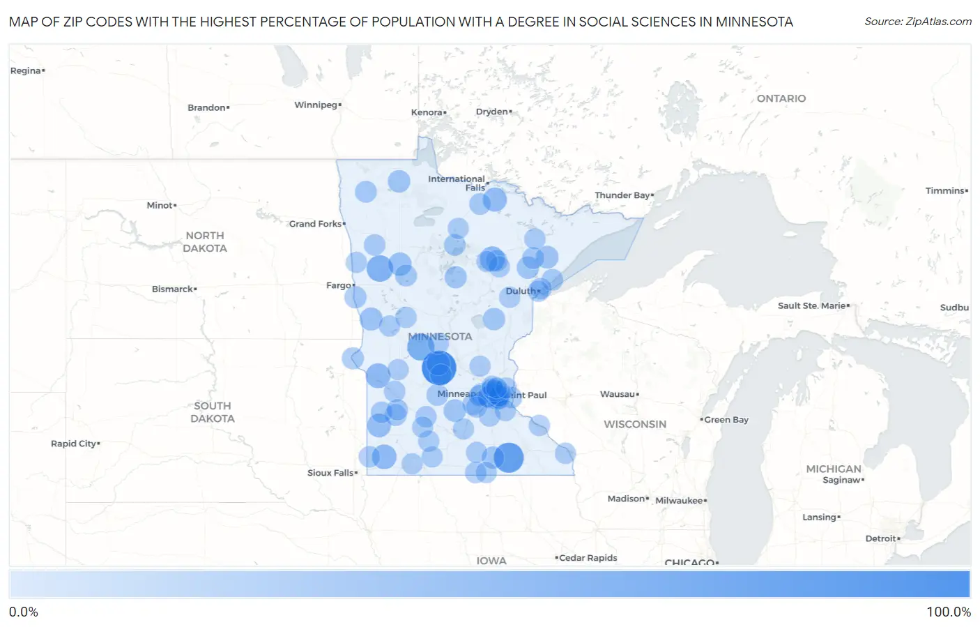 Zip Codes with the Highest Percentage of Population with a Degree in Social Sciences in Minnesota Map
