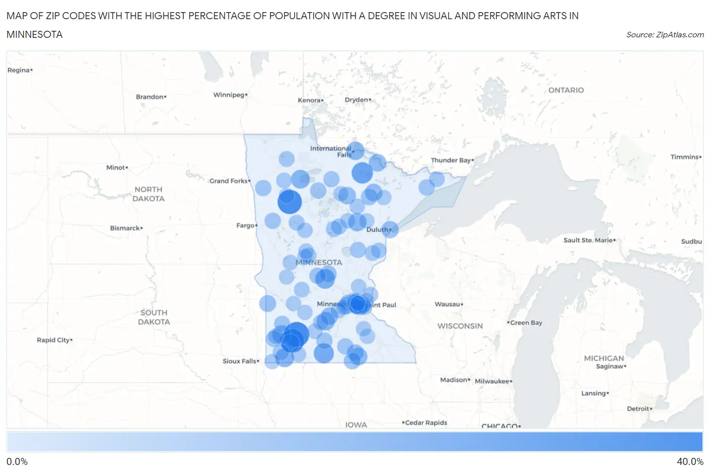 Zip Codes with the Highest Percentage of Population with a Degree in Visual and Performing Arts in Minnesota Map