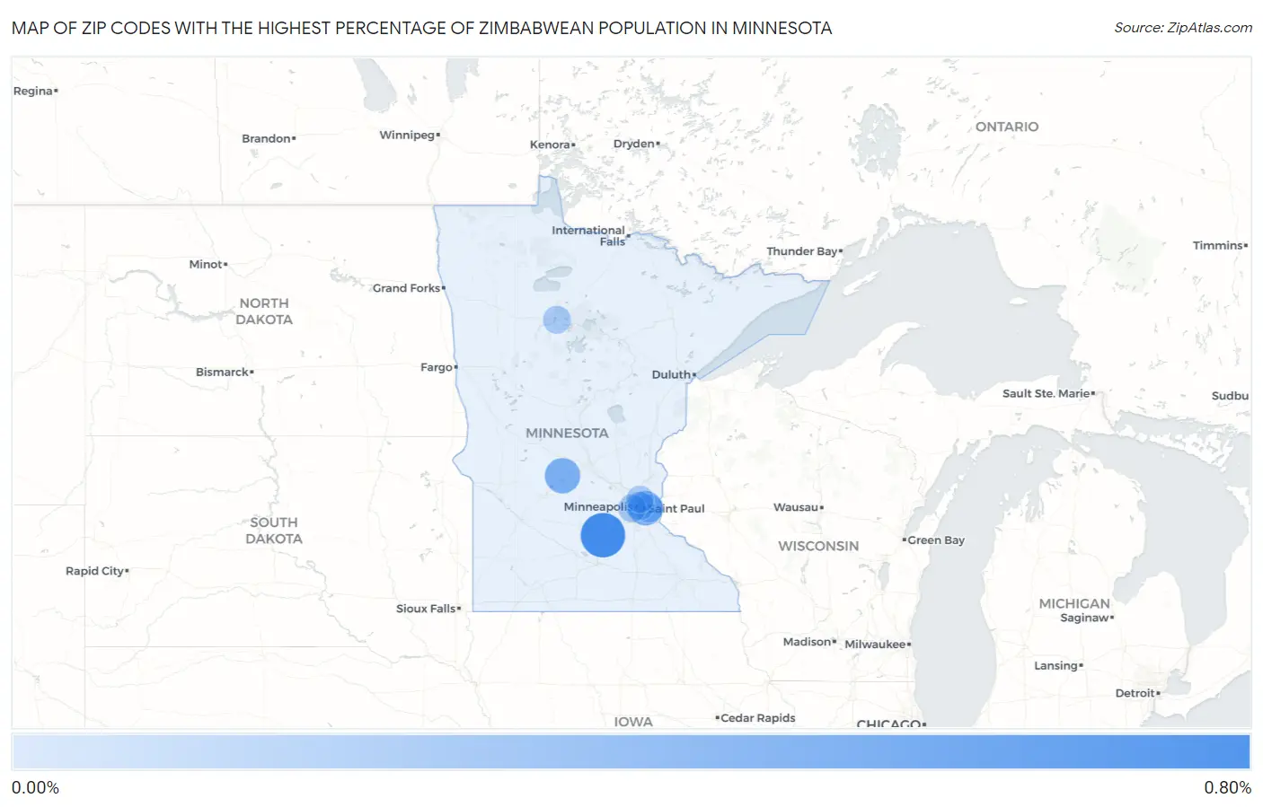 Zip Codes with the Highest Percentage of Zimbabwean Population in Minnesota Map