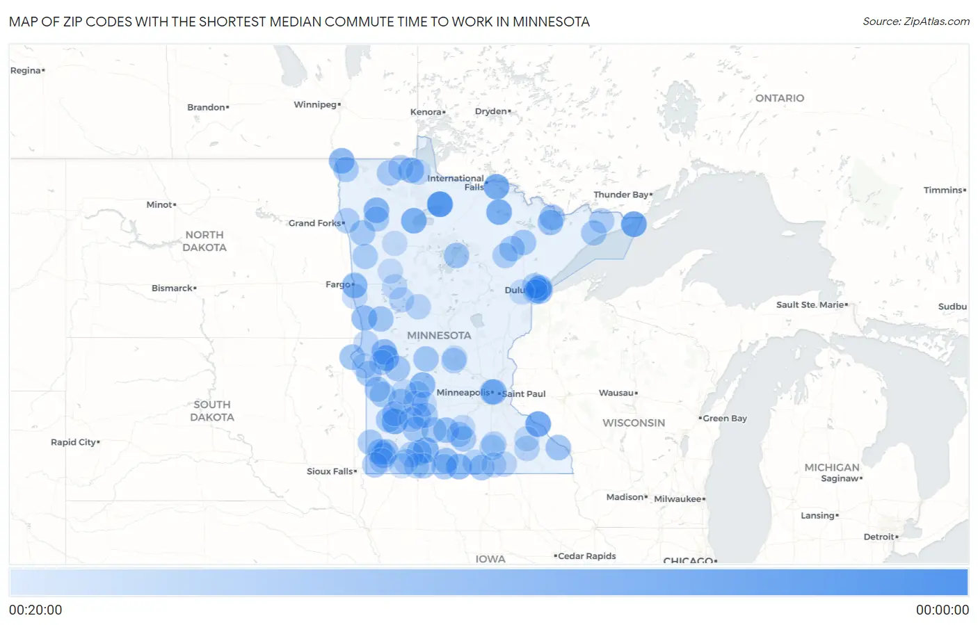 Zip Codes with the Shortest Median Commute Time to Work in Minnesota Map