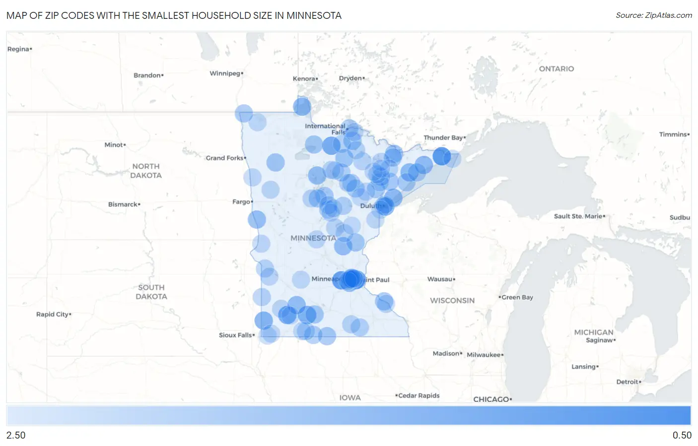 Zip Codes with the Smallest Household Size in Minnesota Map