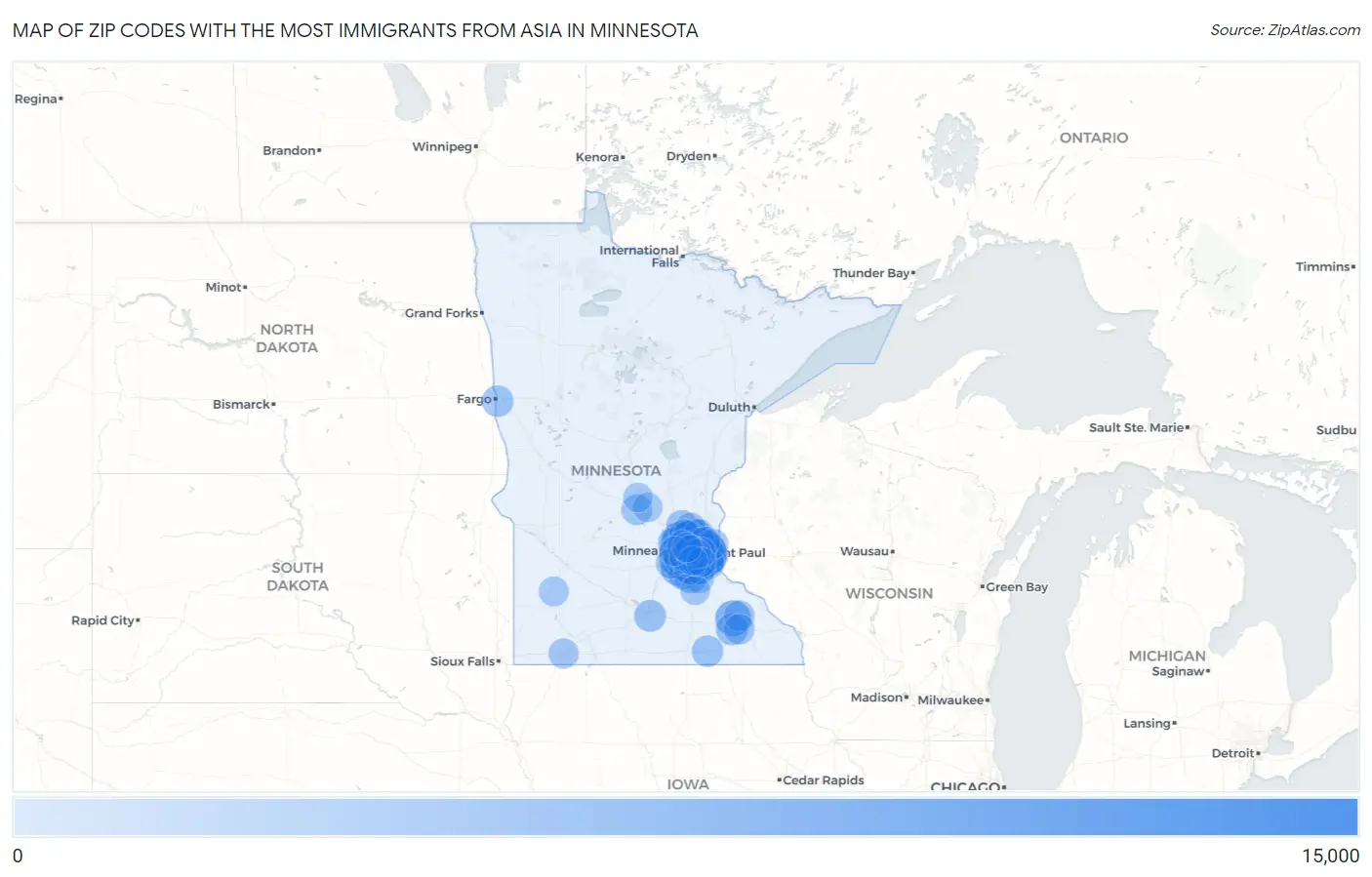 Zip Codes with the Most Immigrants from Asia in Minnesota Map