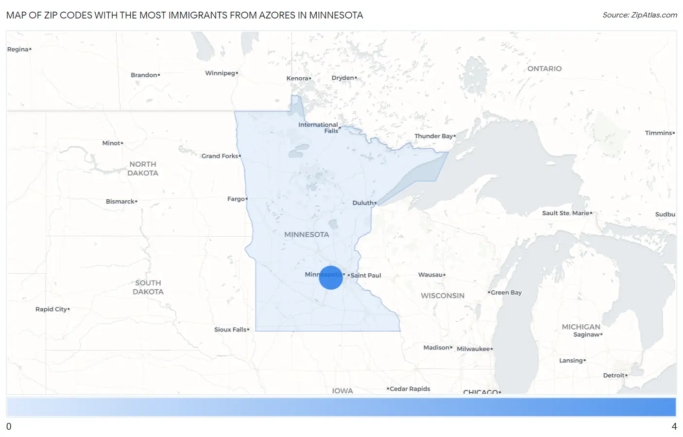 Zip Codes with the Most Immigrants from Azores in Minnesota Map