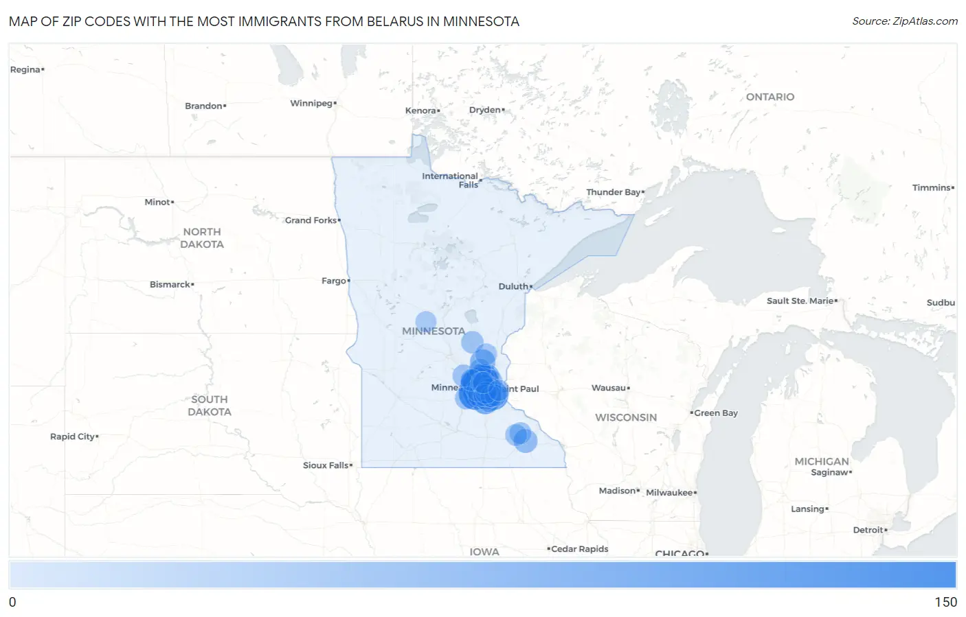 Zip Codes with the Most Immigrants from Belarus in Minnesota Map