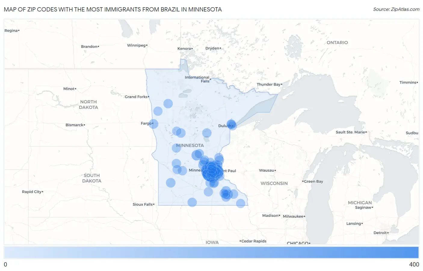 Zip Codes with the Most Immigrants from Brazil in Minnesota Map