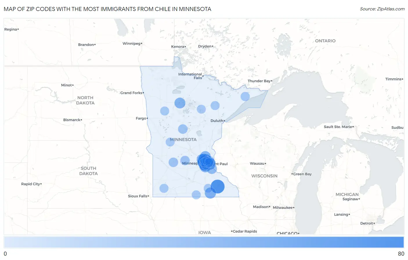 Zip Codes with the Most Immigrants from Chile in Minnesota Map