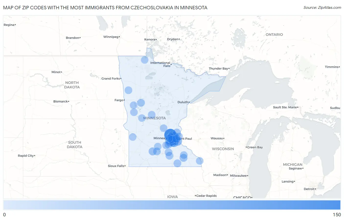 Zip Codes with the Most Immigrants from Czechoslovakia in Minnesota Map