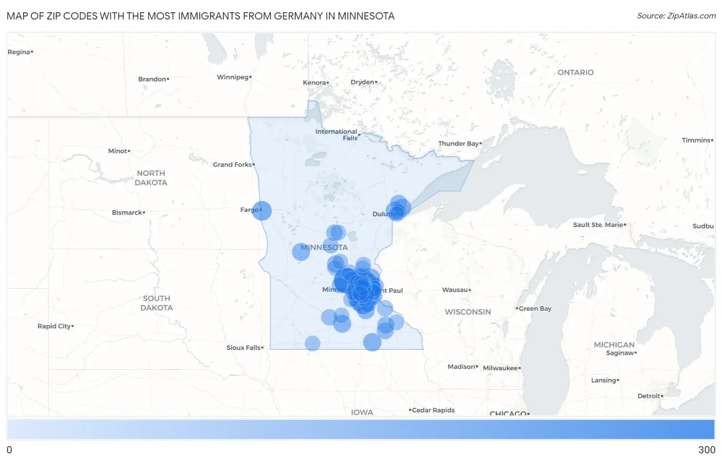 Zip Codes with the Most Immigrants from Germany in Minnesota Map