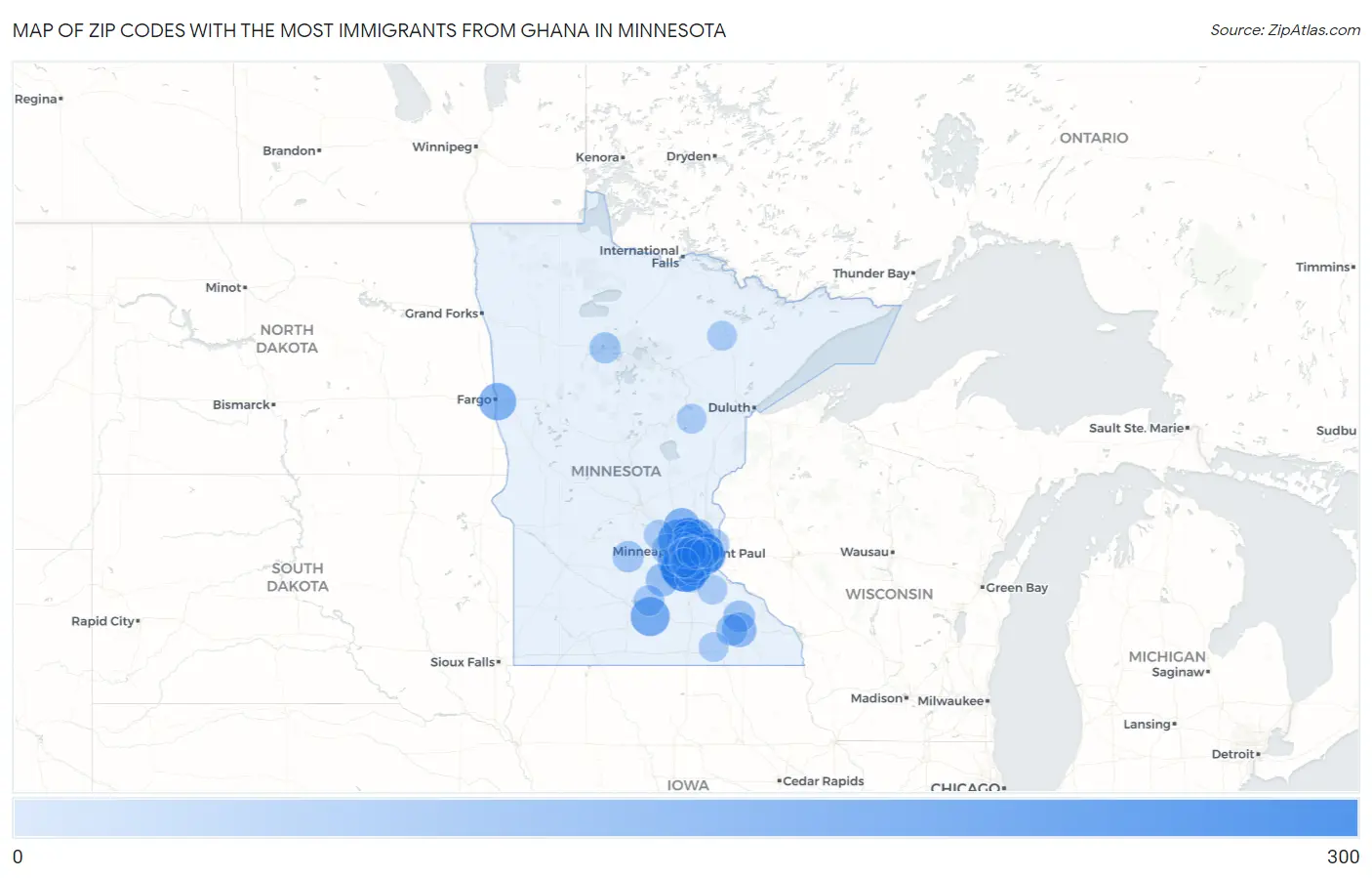 Zip Codes with the Most Immigrants from Ghana in Minnesota Map