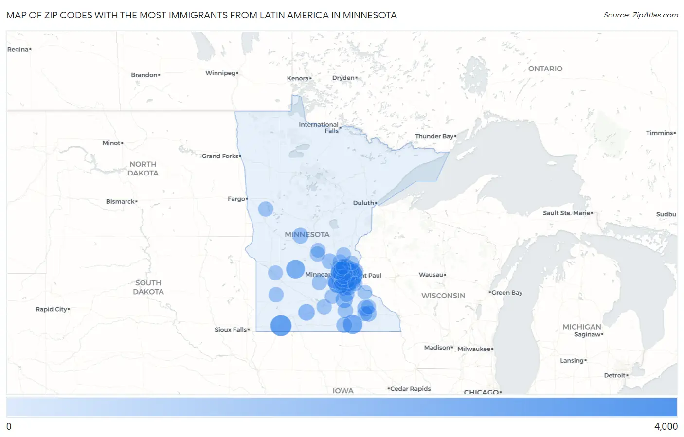 Zip Codes with the Most Immigrants from Latin America in Minnesota Map
