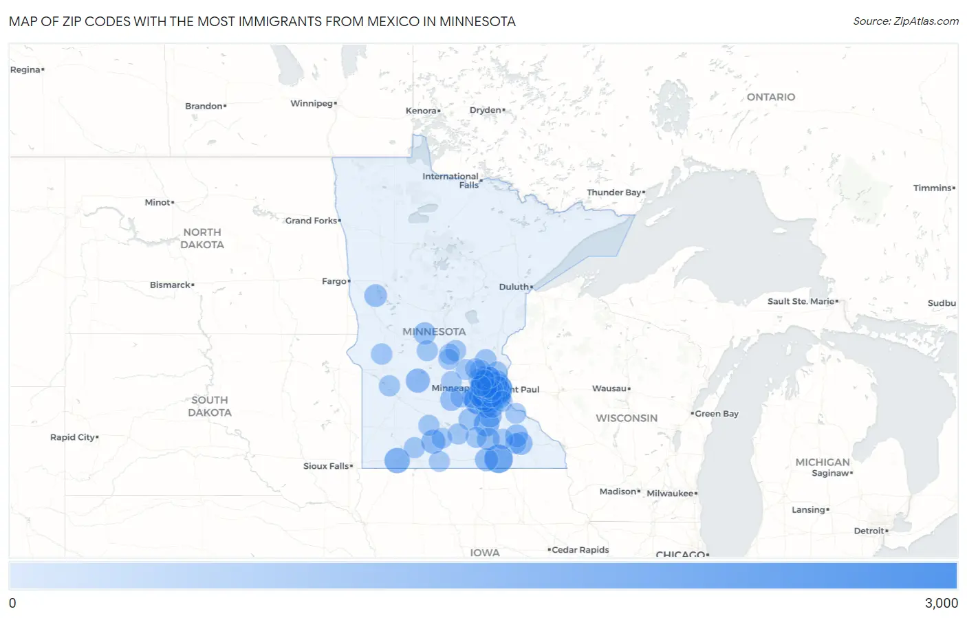 Zip Codes with the Most Immigrants from Mexico in Minnesota Map