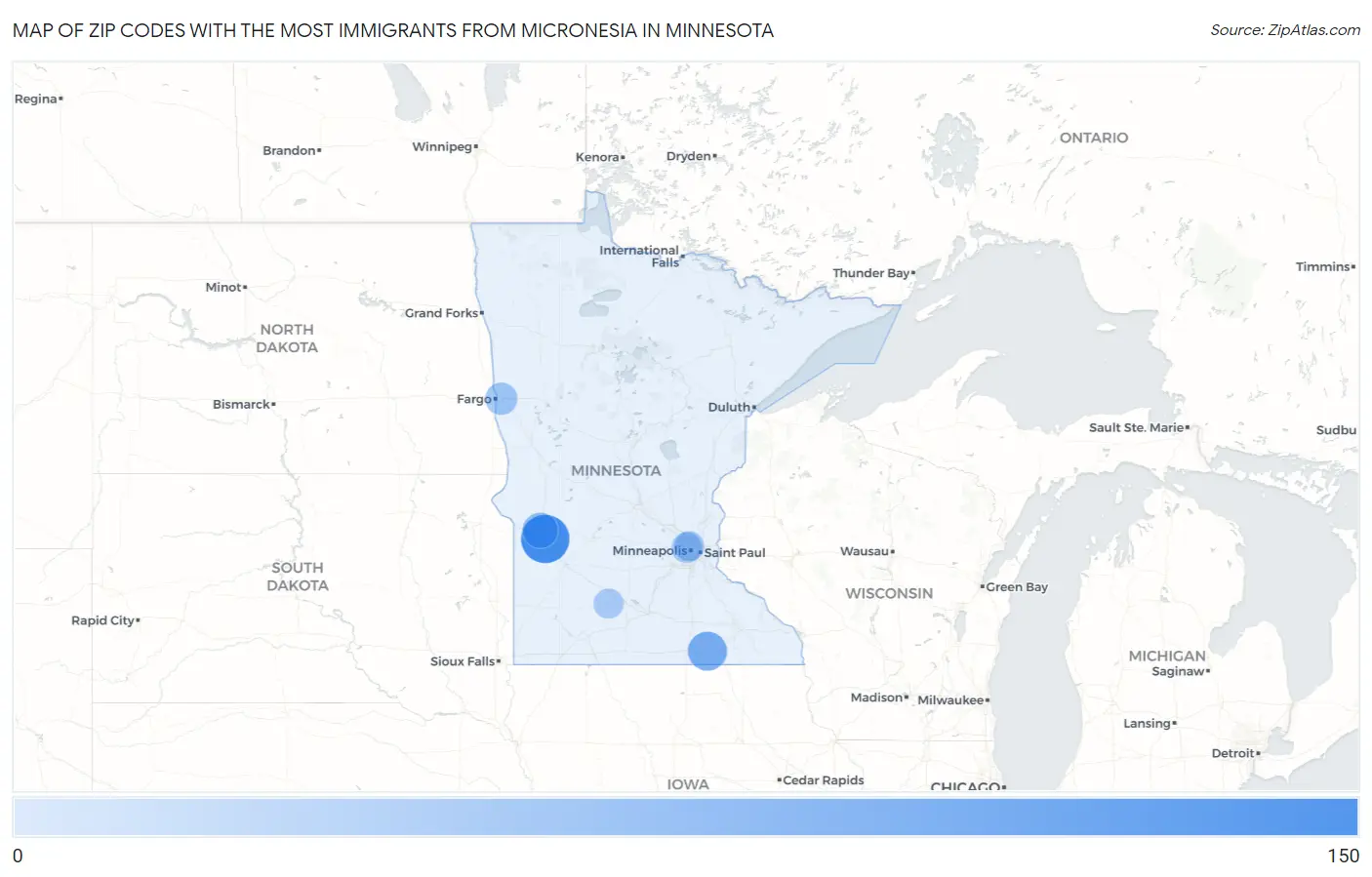Zip Codes with the Most Immigrants from Micronesia in Minnesota Map