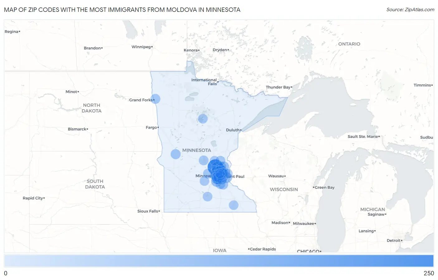 Zip Codes with the Most Immigrants from Moldova in Minnesota Map